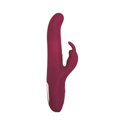 Sleek maroon dual-motor vibrator with curved shaft and rabbit-shaped clitoral stimulator, designed for versatile pleasure.
