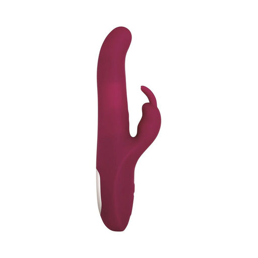 Sleek maroon dual-motor vibrator with curved shaft and rabbit-shaped clitoral stimulator, designed for versatile pleasure.