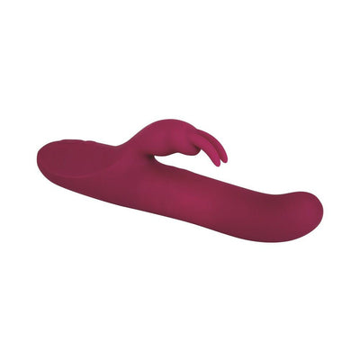 Deep red silicone rabbit-style vibrator with curved shaft and dual motors for internal and external stimulation.