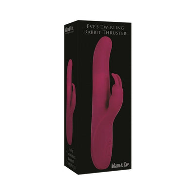 Packaging box of Adam & Eve Eves Twirling Rabbit Thruster vibrator in deep pink on black background.