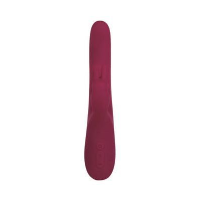 Sleek deep red silicone vibrator with bunny-shaped clitoral stimulator and three control buttons on the handle.