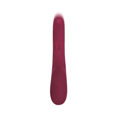 Sleek maroon vibrator with twirling tip and bunny-shaped clitoral stimulator, featuring control buttons on the handle.