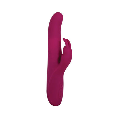 Deep pink silicone dual-motor vibrator with curved shaft and rabbit-shaped clitoral stimulator.