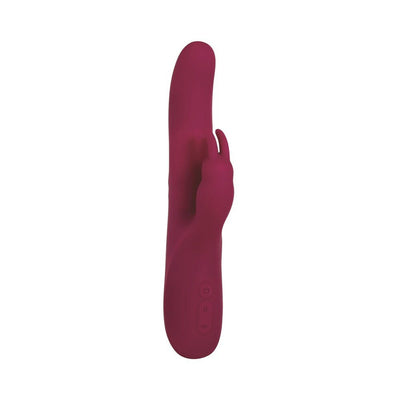 Deep red silicone rabbit vibrator with curved shaft and dual motors, featuring control buttons on the base.