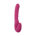 Pink silicone strapless strap-on with curved shaft and textured bulb for dual stimulation.