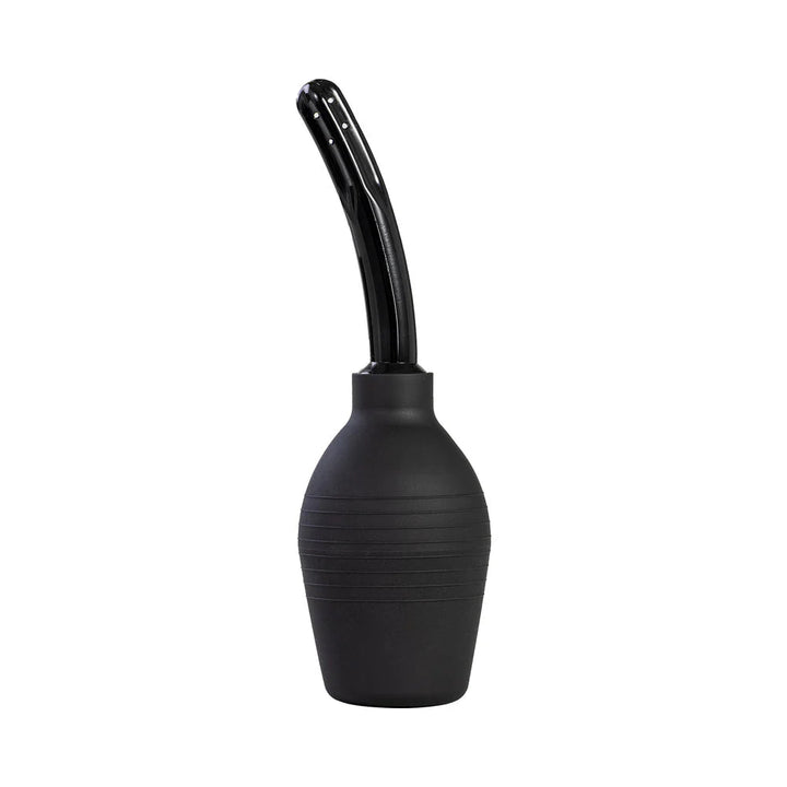 Black Adam & Eve EZ Anal Douche with a curved, perforated plastic tip and a squeezable bulb base.