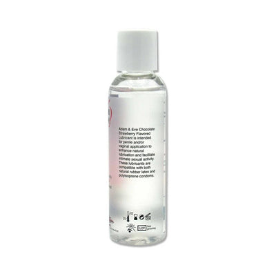 Clear 4 oz bottle of Adam & Eve Strawberry Flavored Lubricant with white cap and product information label.