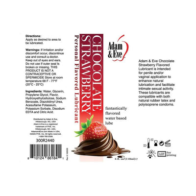 Adam & Eve Chocolate Strawberry flavored personal lubricant label with usage directions and ingredients.