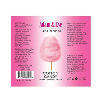 Label for Adam & Eve Cotton Candy flavored water-based lubricant with product details and usage instructions on a pink background.