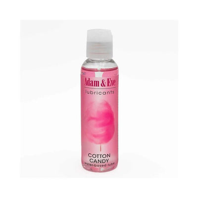 Adam & Eve Cotton Candy flavored water-based lubricant in a clear 4 oz bottle with pink label and flip-top cap.