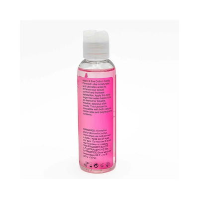 Back view of Adam & Eve Cotton Candy flavored water-based lubricant in a clear 4 oz bottle with pink label and white flip cap.