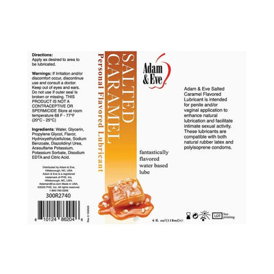 Adam & Eve Salted Caramel flavored personal lubricant label with usage directions and ingredients.