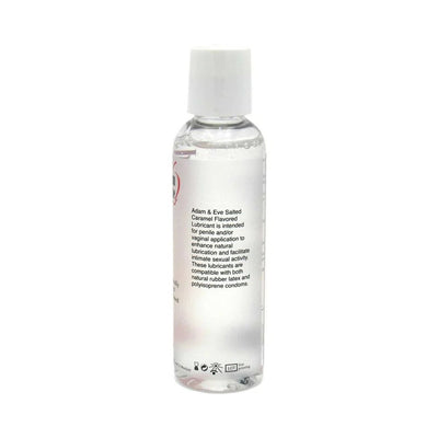 Clear 4 oz bottle of Adam & Eve Salted Caramel Flavored Lubricant with white cap and label text.