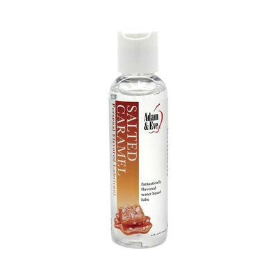 Clear 4 oz bottle of Adam & Eve Salted Caramel flavored water-based personal lubricant with flip-top cap.
