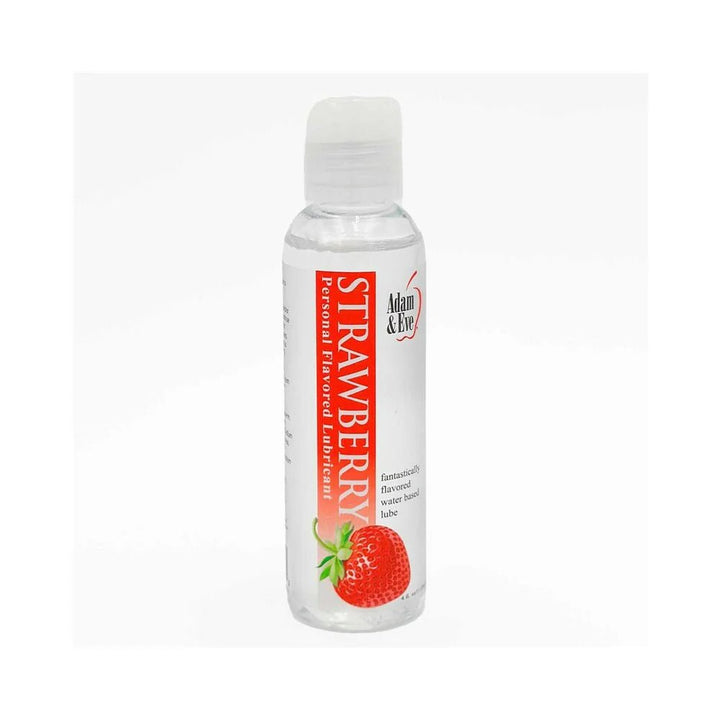 Clear 4 oz bottle of Adam & Eve strawberry flavored personal lubricant with flip-top cap and fruit graphic on label.