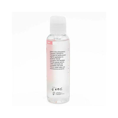 Clear 4 oz bottle of Adam & Eve Strawberry Flavored Lubricant with white flip-top cap and product information label.