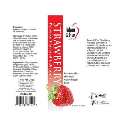 Label of Adam & Eve Strawberry flavored personal lubricant with usage directions and ingredients.