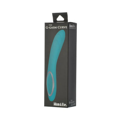 Packaging box of the Adam & Eve G-Gasm Curve vibrator in teal with ergonomic design and control buttons shown on front.