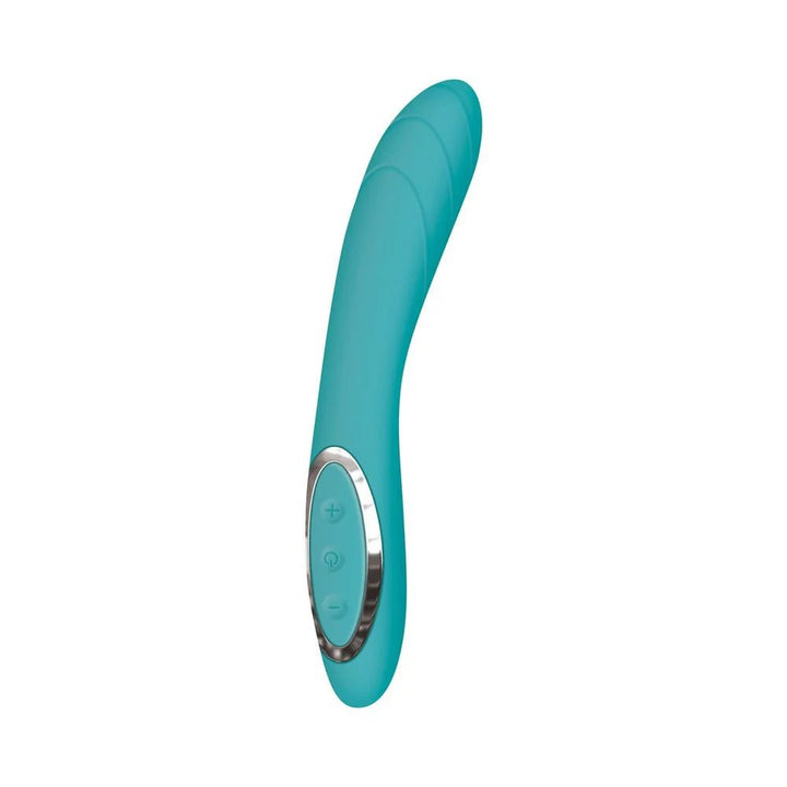 Teal curved silicone vibrator with ergonomic handle and three-button control panel.