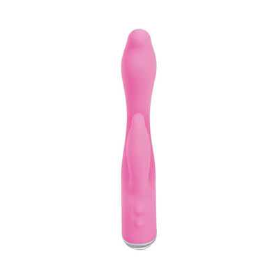 Pink silicone dual-motor rabbit vibrator with curved tip and external stimulator, designed for G-Spot and clitoral pleasure.