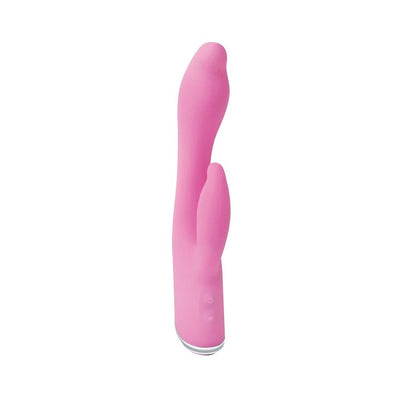 Pink silicone dual-stimulation rabbit vibrator with curved tip and control buttons on the base.
