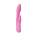 Pink silicone dual-stimulation rabbit vibrator with curved tip and control buttons on the base.