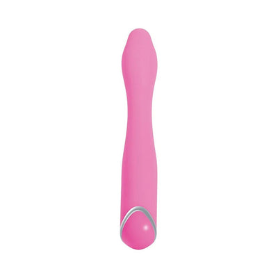 Pink silicone vibrator with a curved tip and silver accent at the base for targeted G-Spot stimulation.