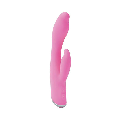Pink silicone dual-stimulation rabbit vibrator with curved tip and control buttons on white background.