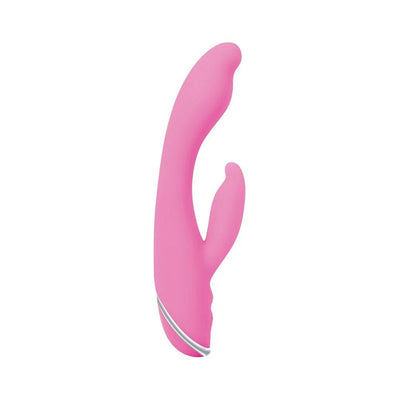 Pink silicone dual-stimulation rabbit vibrator with curved tip and smaller clitoral stimulator.