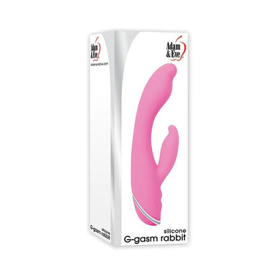 Packaging box of Adam & Eve G-Gasm Rabbit vibrator in pink silicone with dual stimulation design.