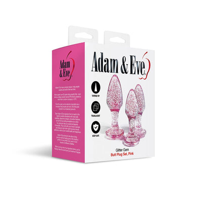 Adam & Eve Glitter Gem Butt Plug Set in pink with three sizes shown on white packaging with product features and brand logo.