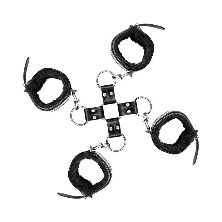 Adam & Eve Hog Tie Kit with four black faux fur-lined adjustable cuffs connected by metal rings and clips.