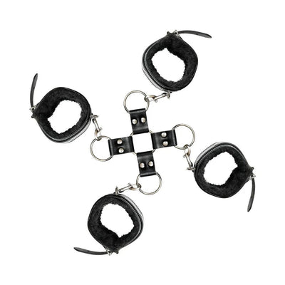 Adam & Eve Hog Tie Kit with four black faux fur-lined adjustable cuffs connected by metal rings and clips.