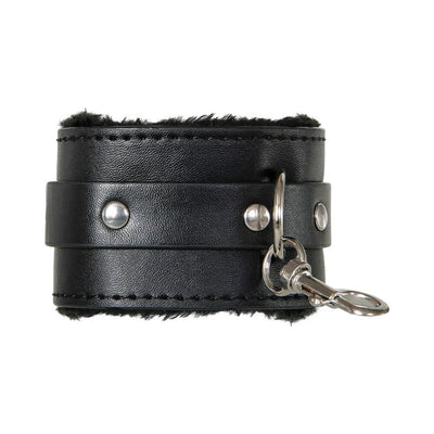 Black faux leather cuff with soft fur lining and metal clasp for adjustable restraint play.