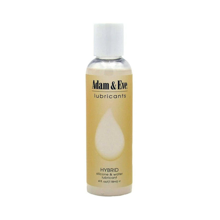 Adam & Eve Hybrid Lubricant 4 oz. clear bottle with beige label and white flip-top cap