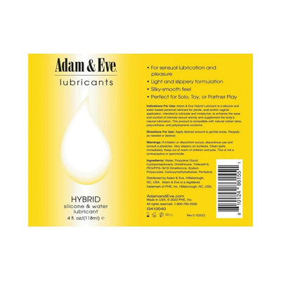 Adam & Eve Hybrid lubricant label with product details on a yellow background, highlighting silicone and water formula.