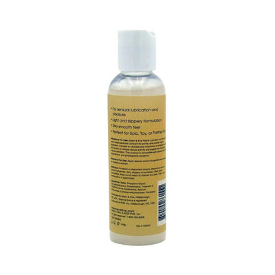 Back view of Adam & Eve Hybrid Lubricant 4 oz. bottle with product information and ingredients label.