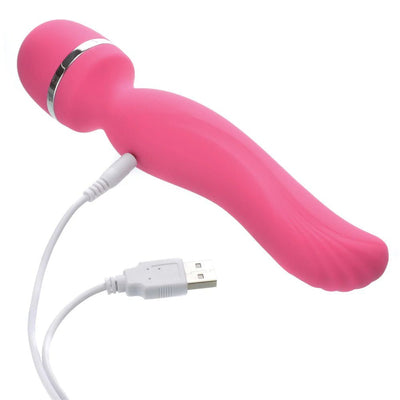 Pink Adam & Eve Intimate Curves rechargeable wand with flexible head and USB charging cable attached.