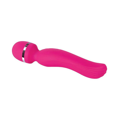 Pink rechargeable wand massager with flexible head and textured ergonomic handle for targeted stimulation.