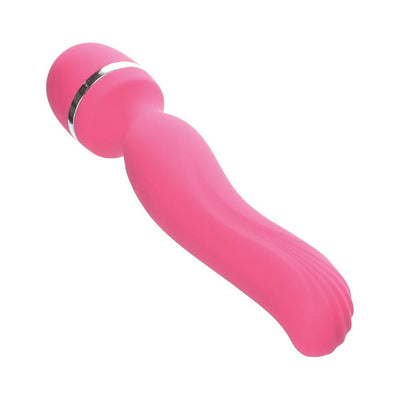 Pink rechargeable wand massager with flexible head and ergonomic textured handle for targeted vibrations.