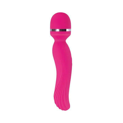 Pink rechargeable wand with flexible massaging head and textured ergonomic handle for versatile stimulation and massage.