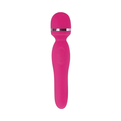 Bright pink rechargeable wand massager with flexible head and ergonomic handle against white background.