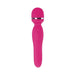 Bright pink rechargeable wand massager with flexible head and ergonomic handle against white background.