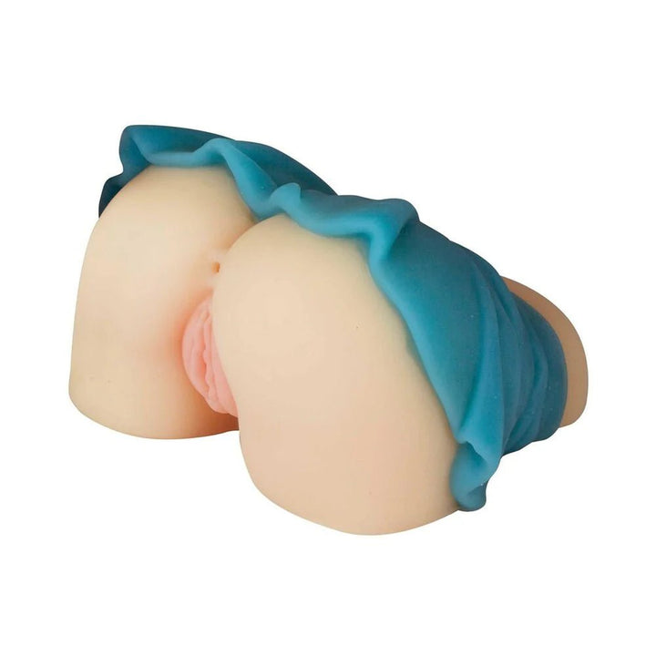 Realistic co-ed masturbator toy featuring lifelike skin tone and blue fabric detail.