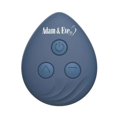 Blue teardrop-shaped remote control with power and adjustment buttons for Adam & Eve Licking Vibrator