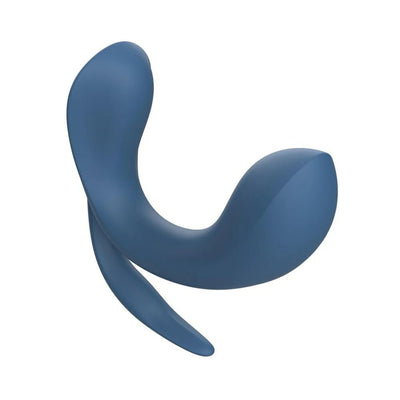 Blue silicone triple stimulator vibrator with curved design and slim back stimulator for targeted pleasure