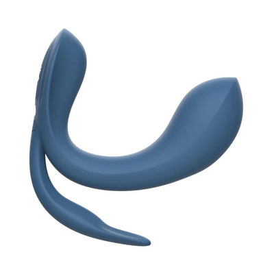 Blue triple stimulator vibrator with curved design and slim flexible arm for targeted pleasure.