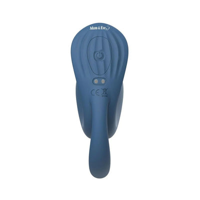 Blue silicone Adam & Eve Licking Vibrator with power button and charging contacts visible on the back.