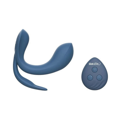 Blue silicone triple stimulator vibrator with curved design and matching remote control with three buttons.