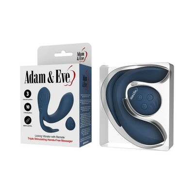 Blue triple stimulator vibrator with remote control in retail packaging by Adam & Eve
